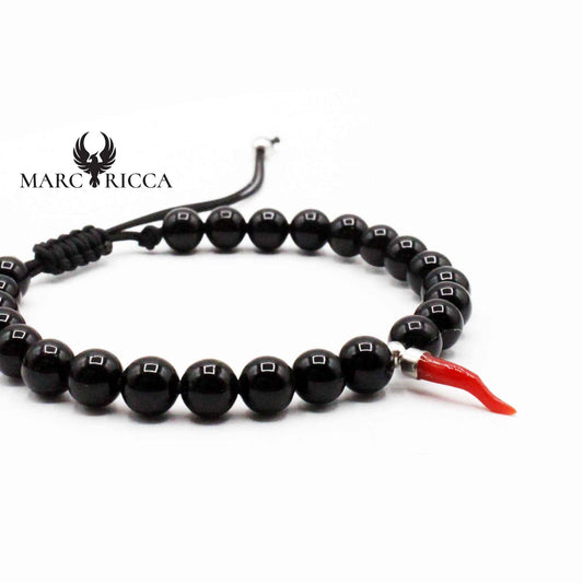 Bracelet Argent Cordon Onyx et Corne de Corail Rouge