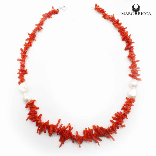 Collier Argent Frange Corail Rouge et Perles