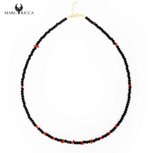 Collier Argent Cristal Noir et Corail