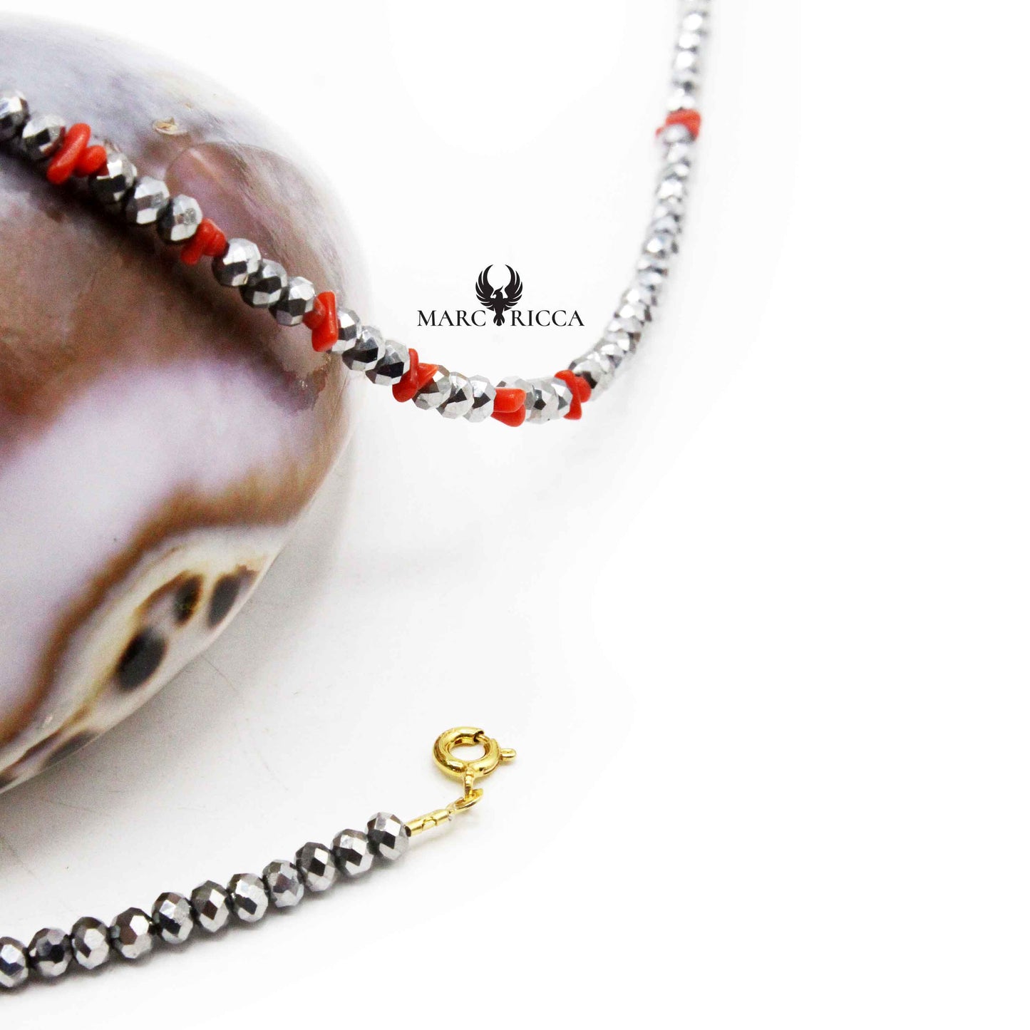 Collier Argent Cristal Gris et Corail