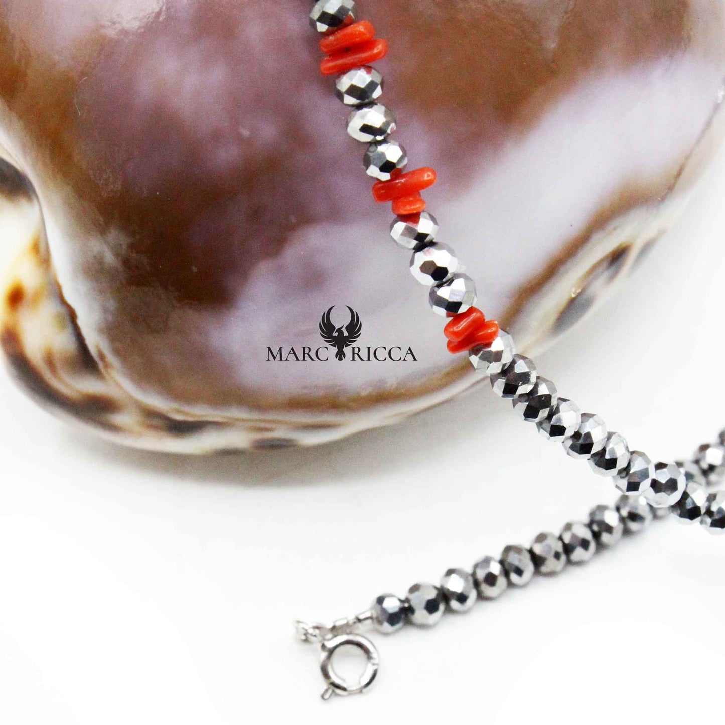 Collier Argent Cristal Gris et Corail