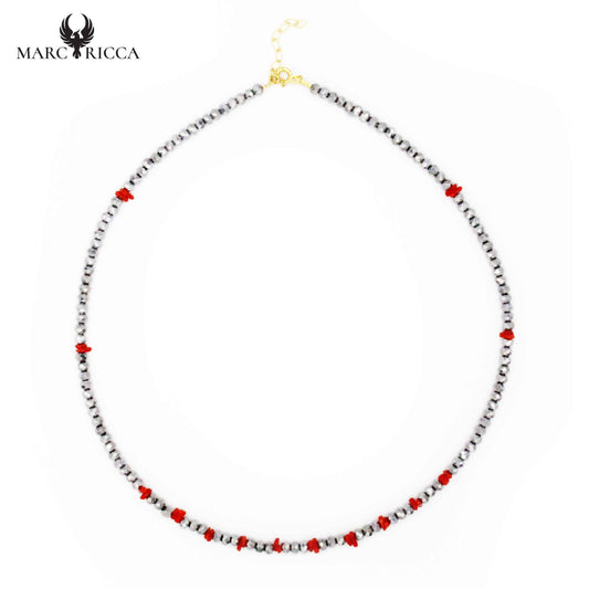 Collier Argent Cristal Gris et Corail
