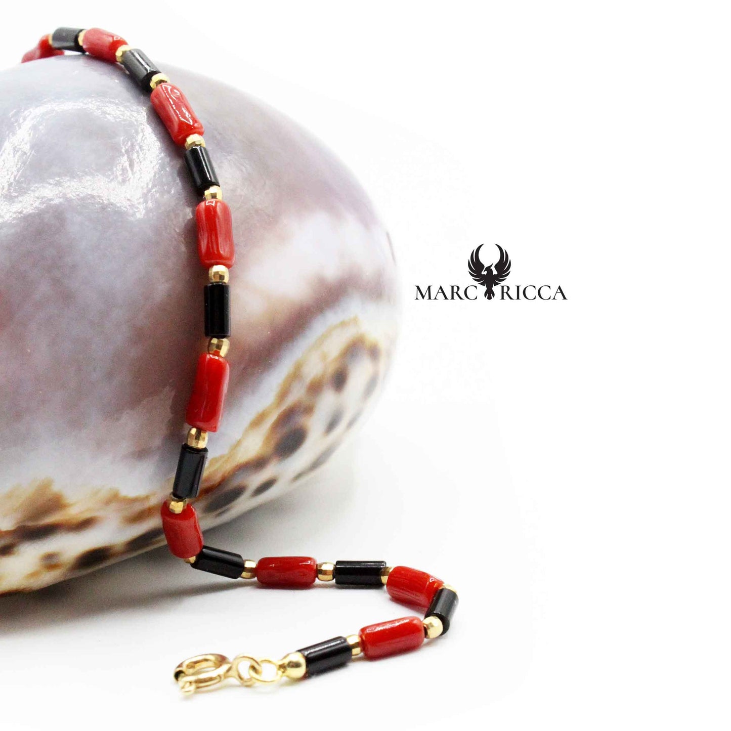 Bracelet Argent Tubes de Corail Rouge et Cristal Noir Vermeil