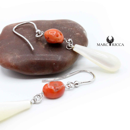 Boucles Argent Goutte Nacre et Corail Rouge