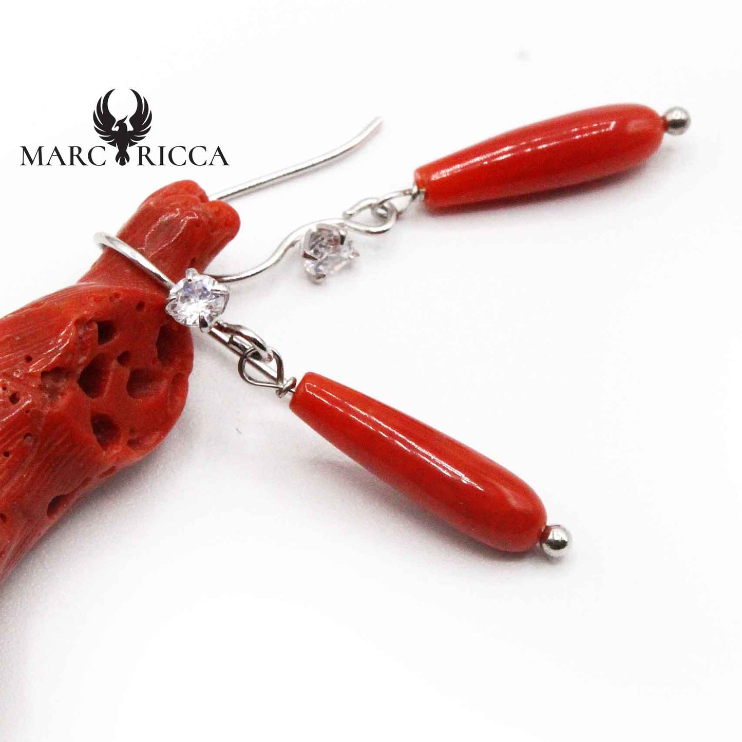 Boucles Argent Goutte Corail Rouge et Zirconium