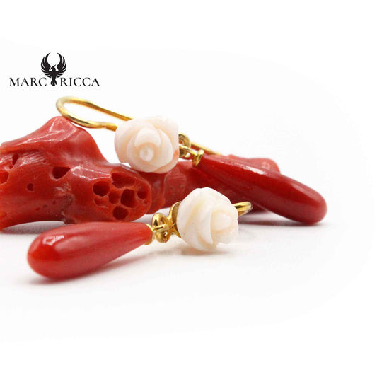 Boucles Argent Goutte Corail & Rose Blanche