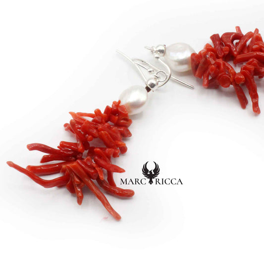 Boucles Argent franges Corail et Perles