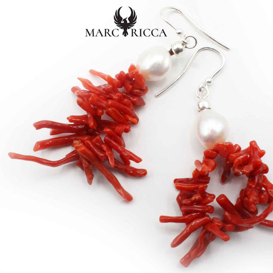 Boucles Argent franges Corail et Perles