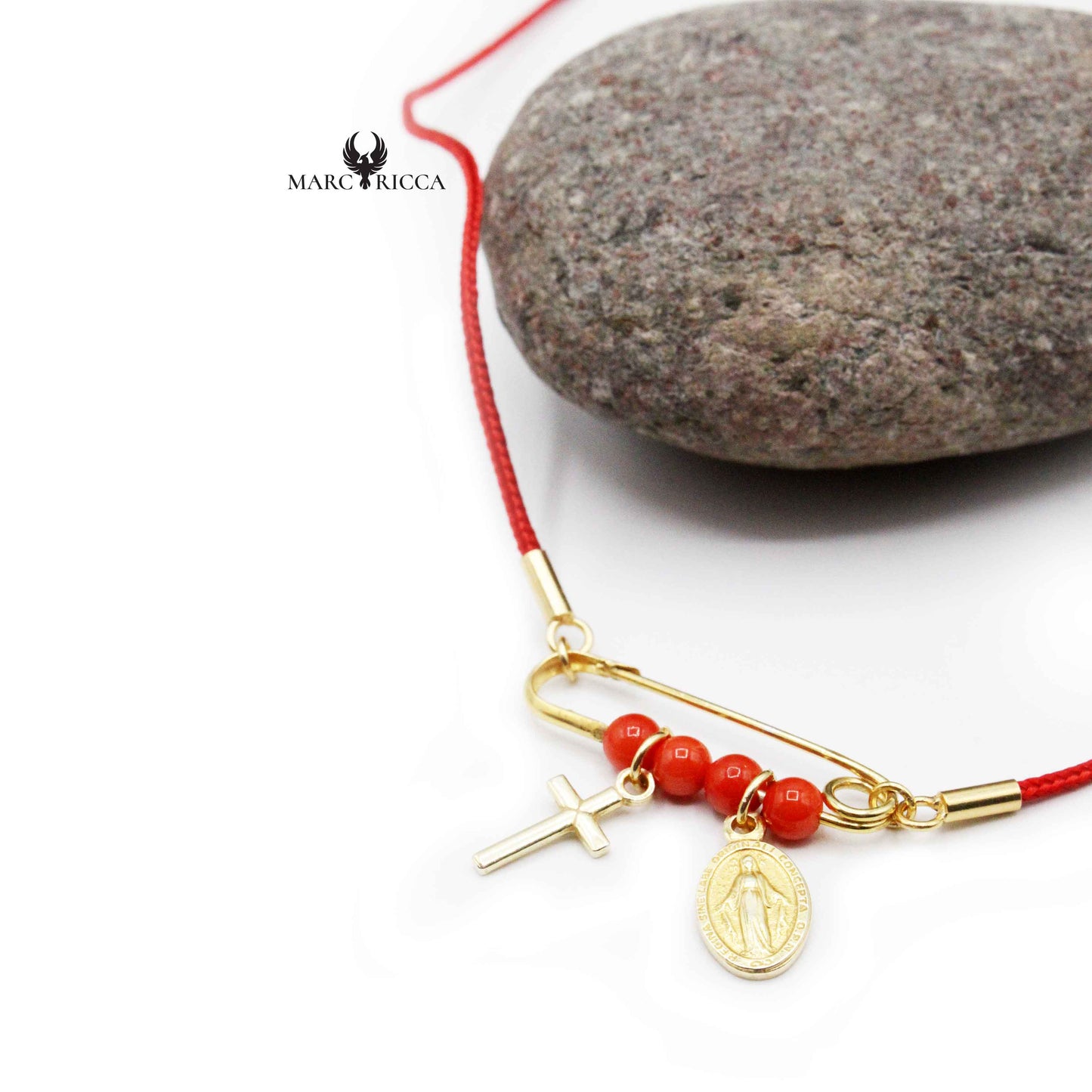 Collier Vermeil Corail Perles, Croix & Madone Broche