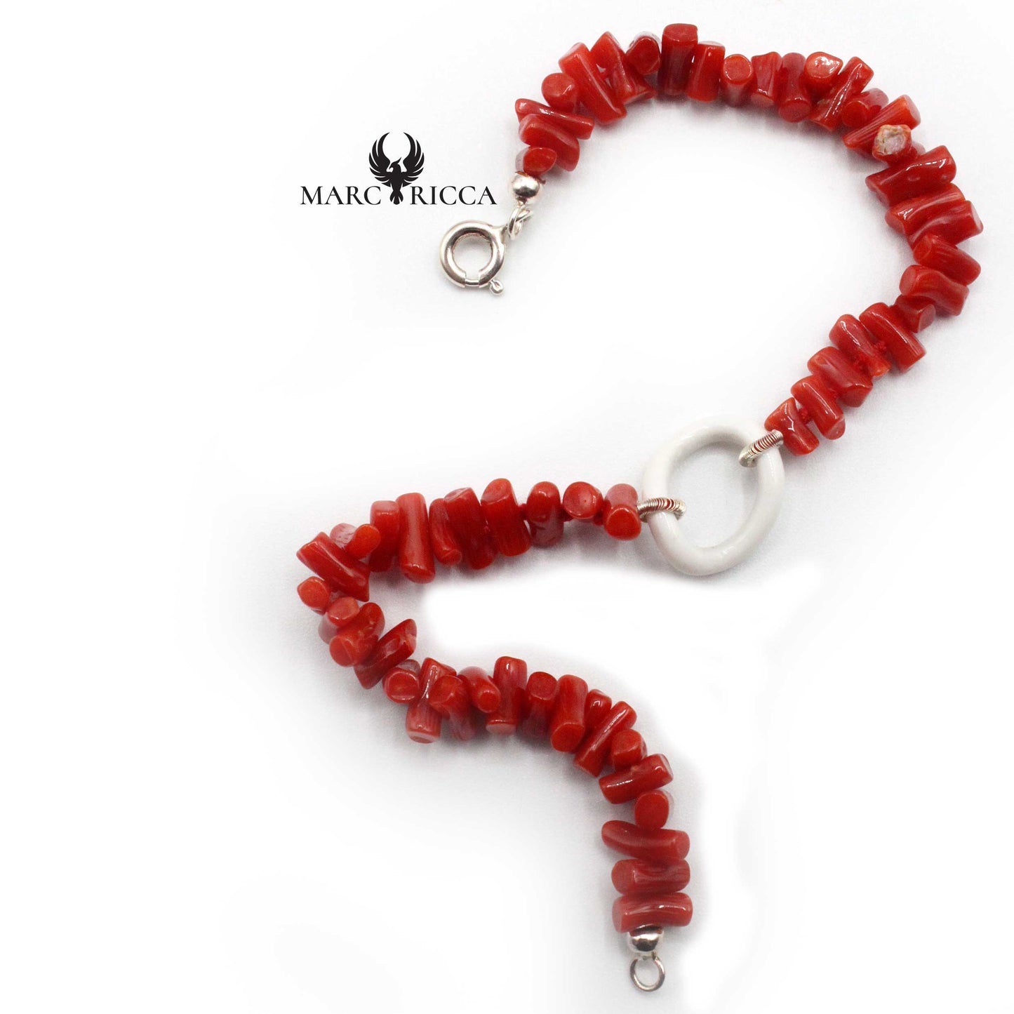 Bracelet Argent Corail Rouge et Anneau d'Agate Blanche