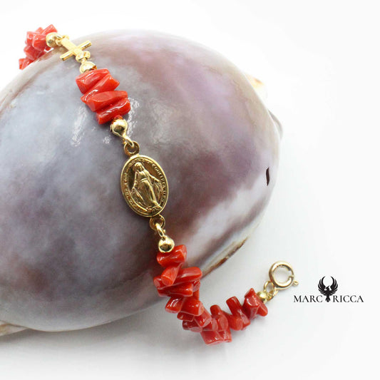 Bracelet Argent Corail Rouge, Croix et Miraculeuse