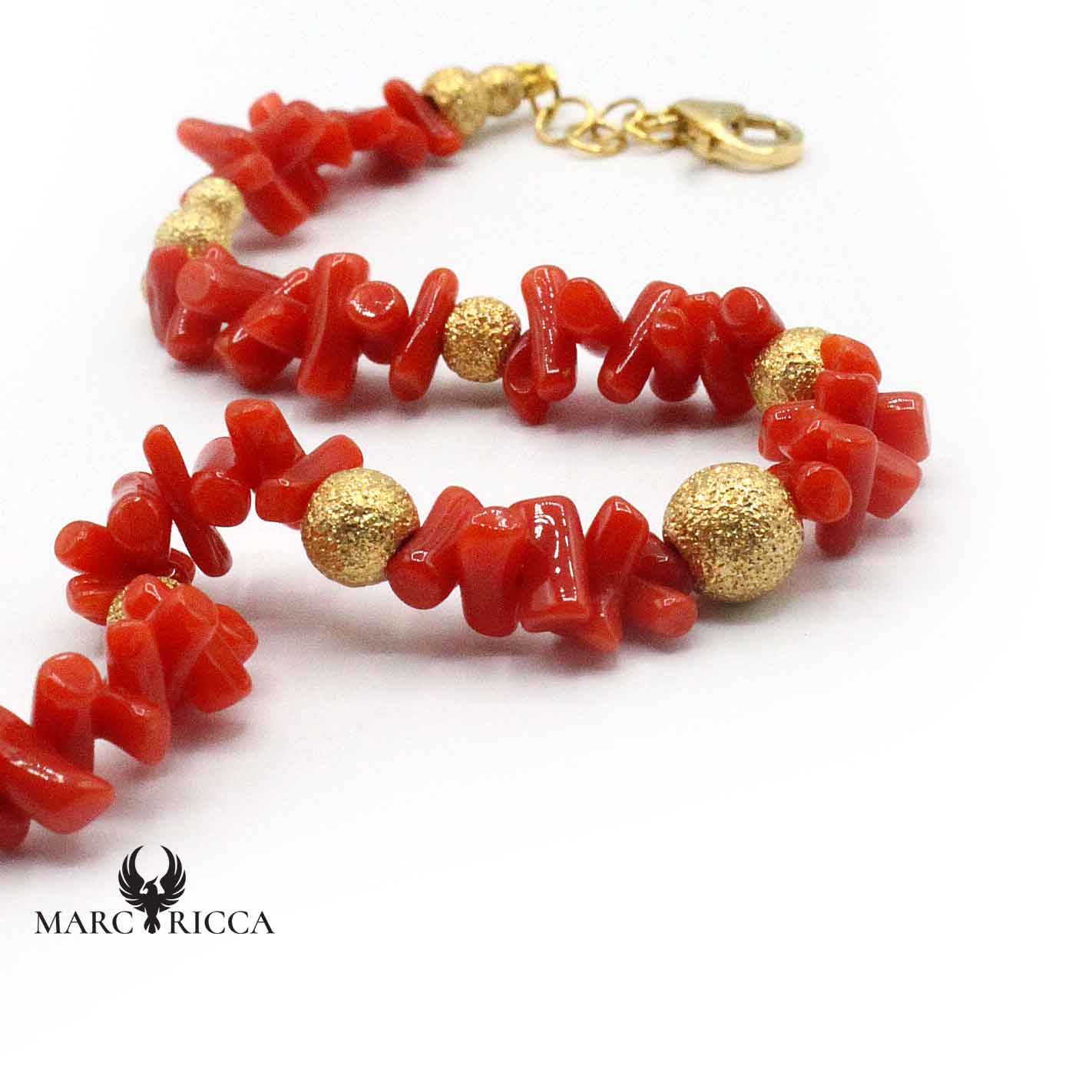 Bracelet Argent Cupolino Corail Rouge et Boules Dorées