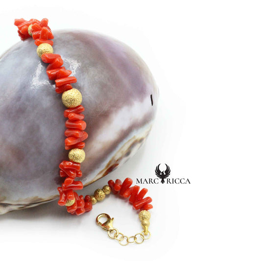 Bracelet Argent Cupolino Corail Rouge et Boules Dorées