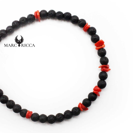 Bracelet Argent Corail Rouge et Pierres de Lave