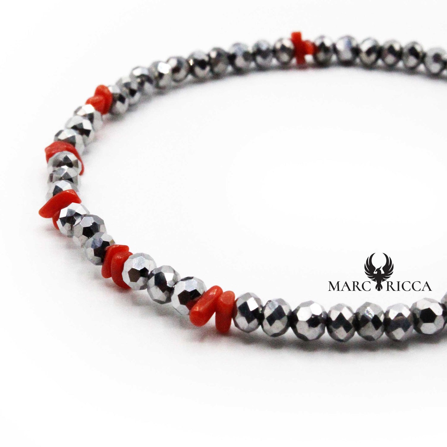Bracelet Argent Corail Rouge et Cristaux Gris