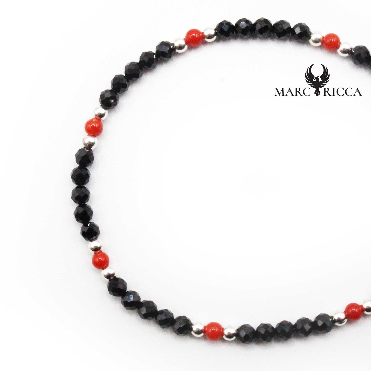 Bracelet Argent Cristaux Noirs et Corail Rouge
