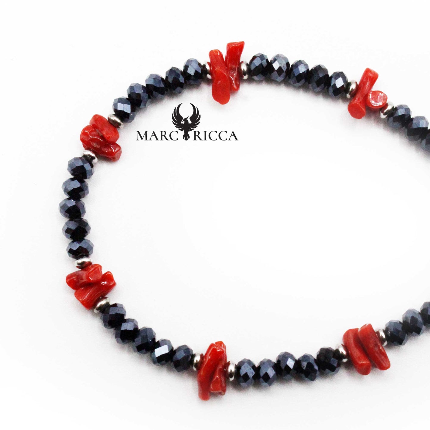 Bracelet Argent Cristaux Gris et Corail Rouge