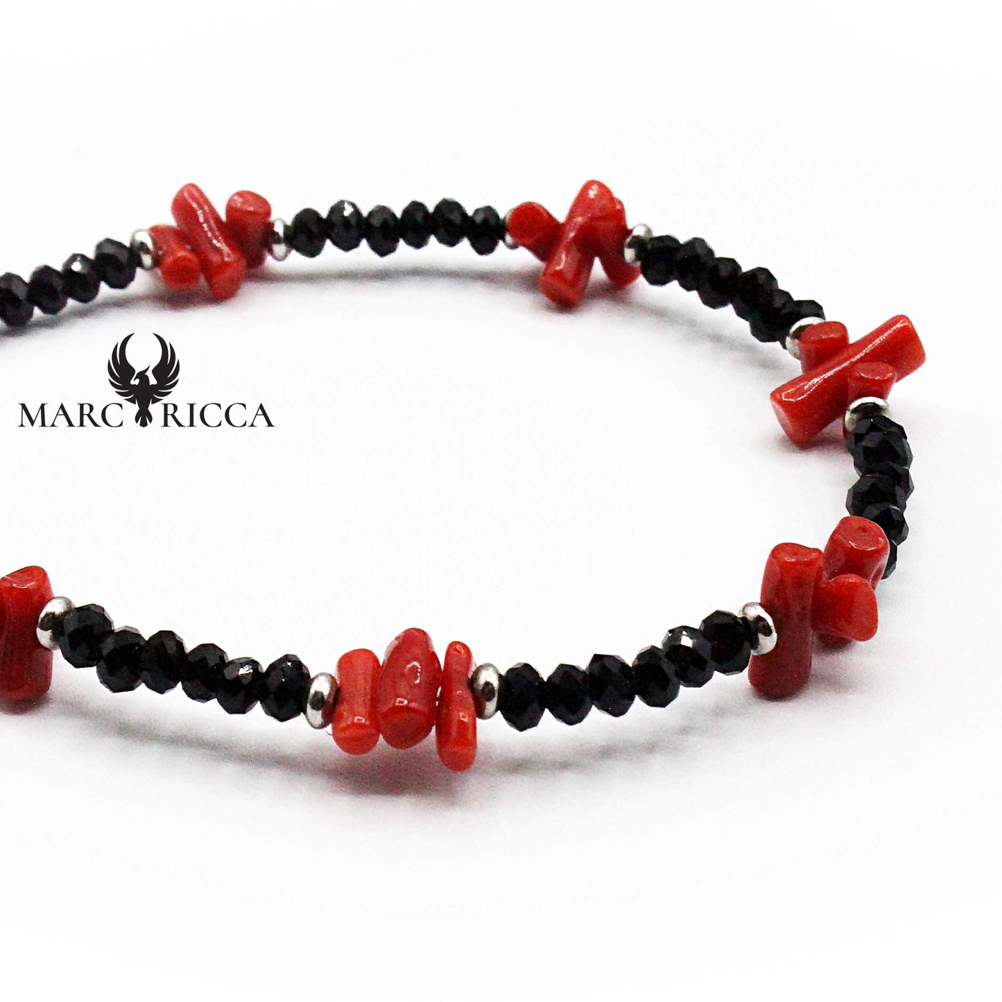 Bracelet Argent Cristaux Noirs et Corail Rouge