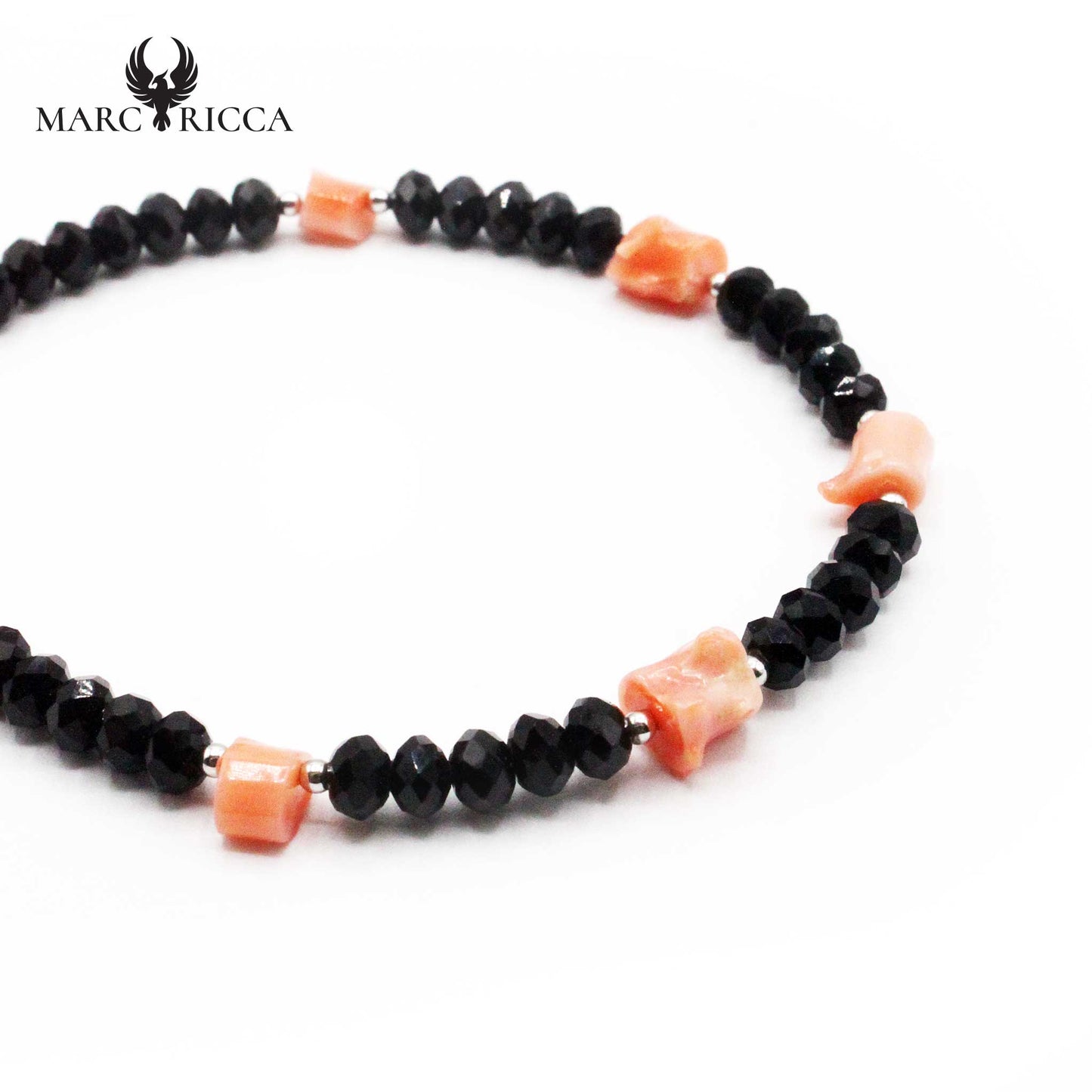 Bracelet Argent Cristaux Noirs et Corail Rose