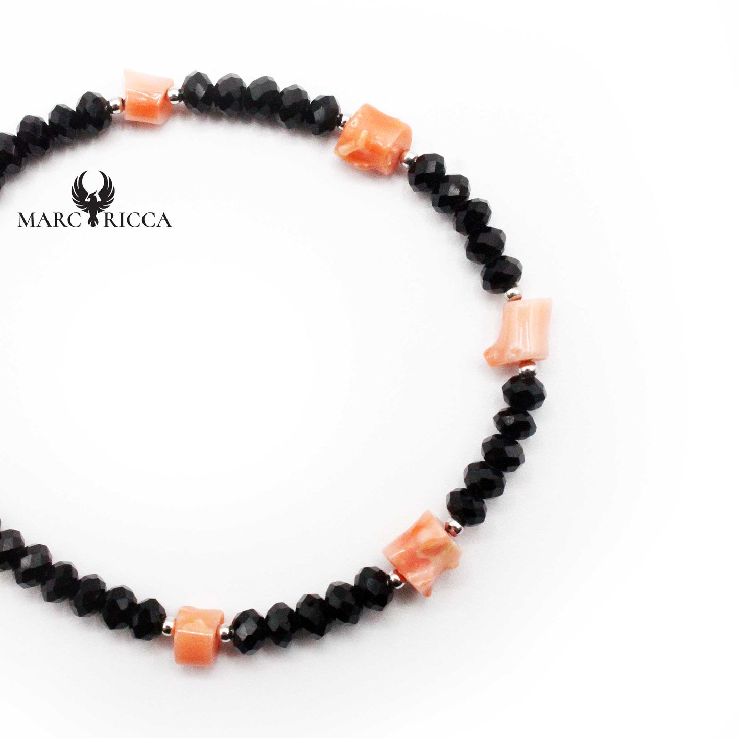 Bracelet Argent Cristaux Noirs et Corail Rose