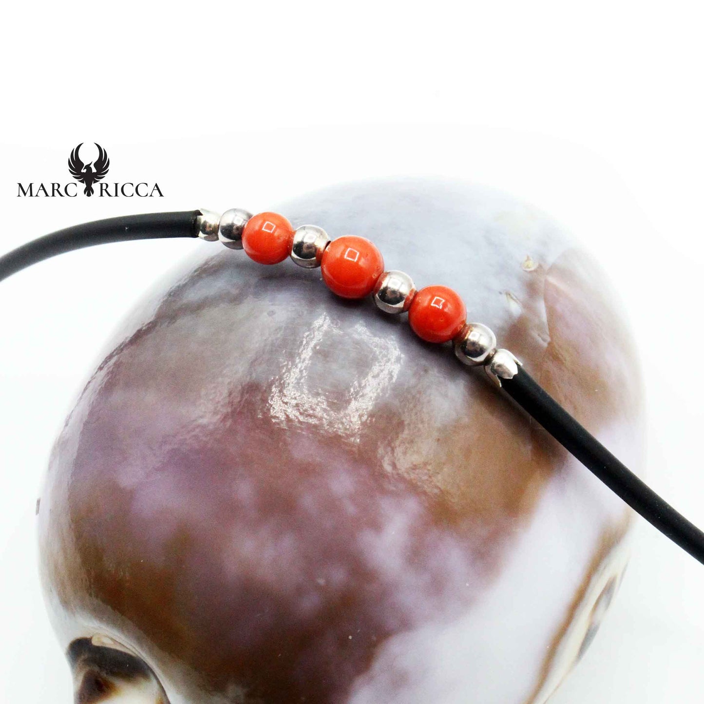 Bracelet Argent Perles Corail Rouge Caoutchouc