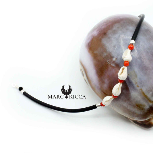 Bracelet Argent Caoutchouc Coquillages et Corail Rouge