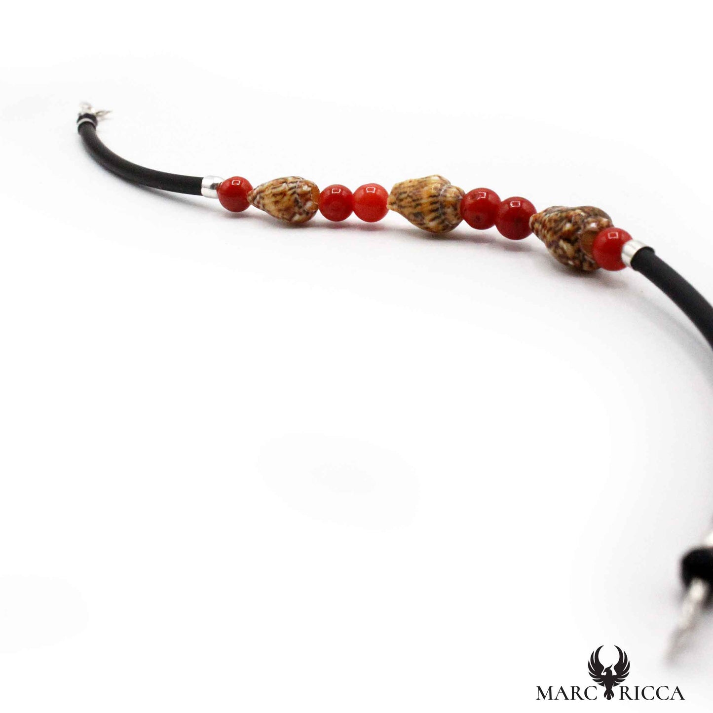 Bracelet Argent Caoutchouc Coquillages et Corail Rouge
