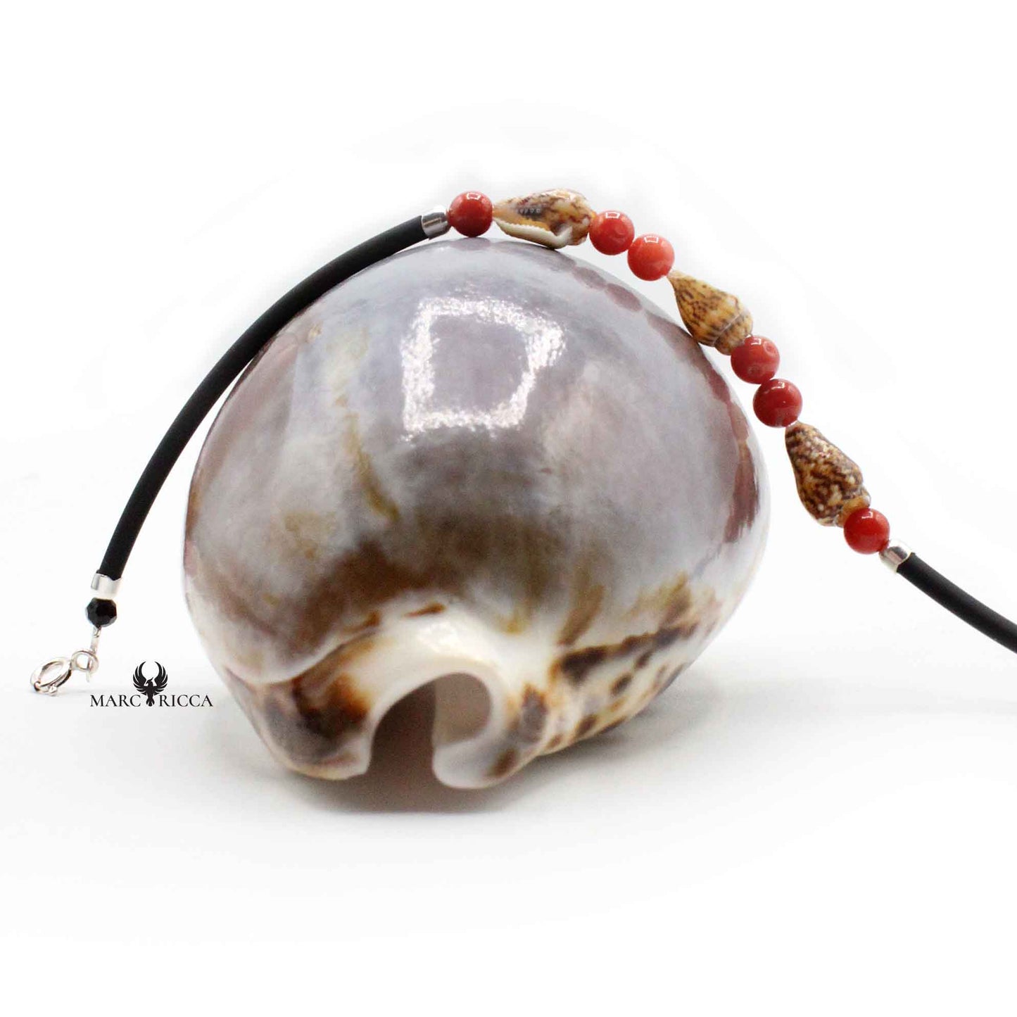 Bracelet Argent Caoutchouc Coquillages et Corail Rouge