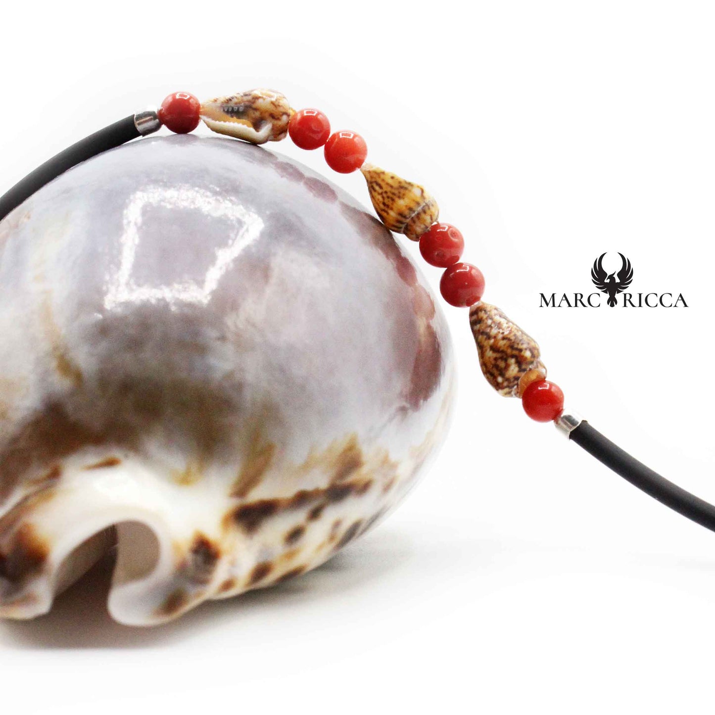 Bracelet Argent Caoutchouc Coquillages et Corail Rouge