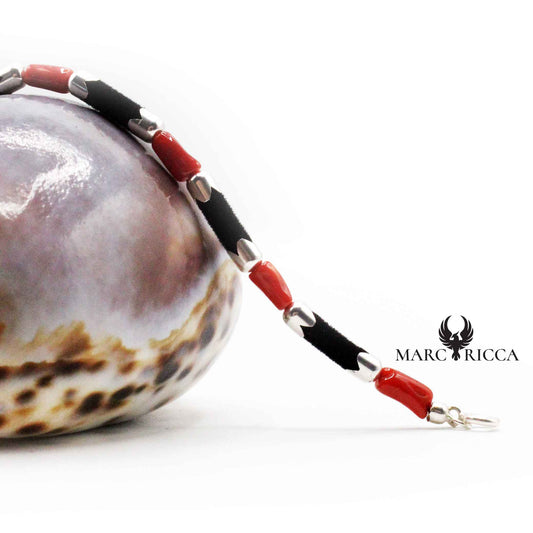 Bracelet Argent Tubes et Corail Rouge Feutrine