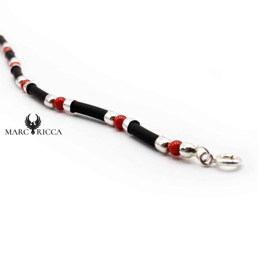 Bracelet Argent Perles de Corail Rouge Caoutchouc