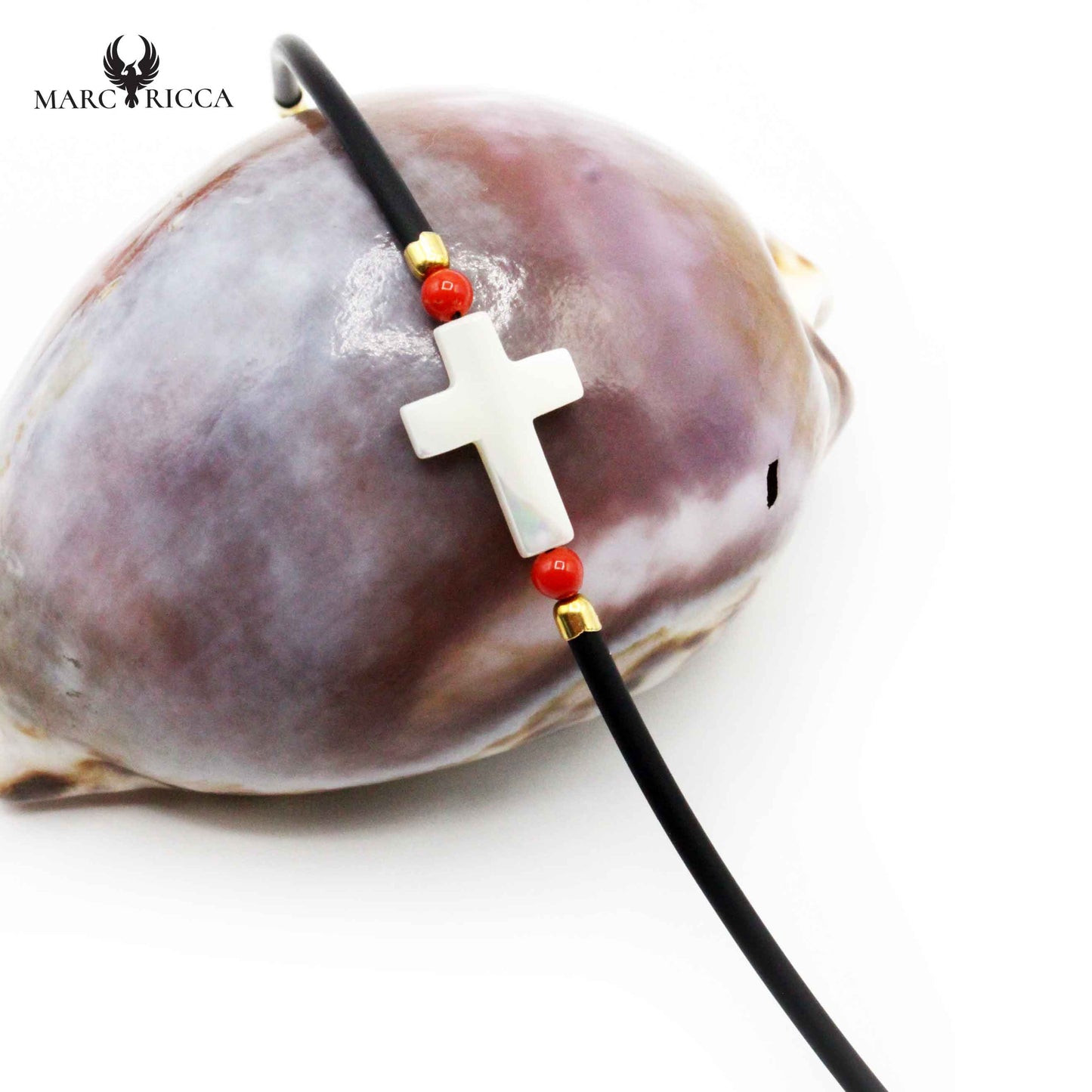 Bracelet Argent Croix Nacre et Corail Rouge
