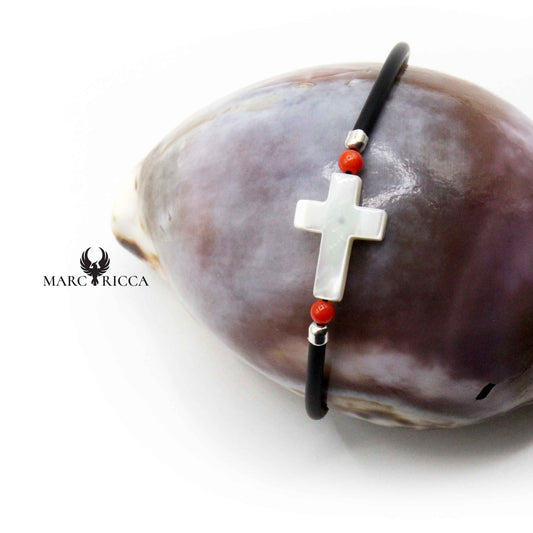 Bracelet Argent Croix Nacre et Corail Rouge