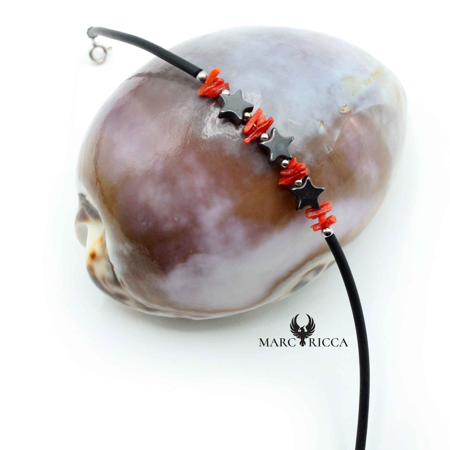 Bracelet Argent Etoiles et Corail Rouge Caoutchouc