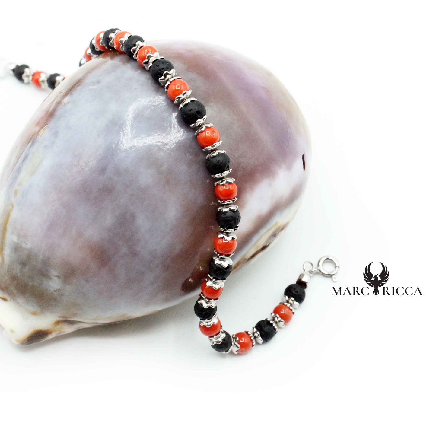 Bracelet Argent Corail Rouge et Pierres de Lave