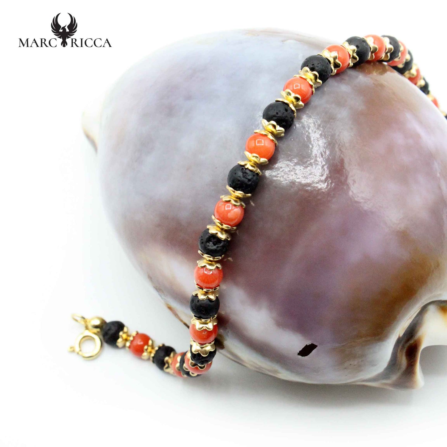 Bracelet Argent Corail Rouge et Pierres de Lave