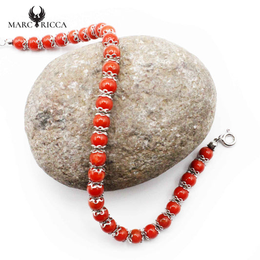 Bracelet Argent Perles Corail Rouge