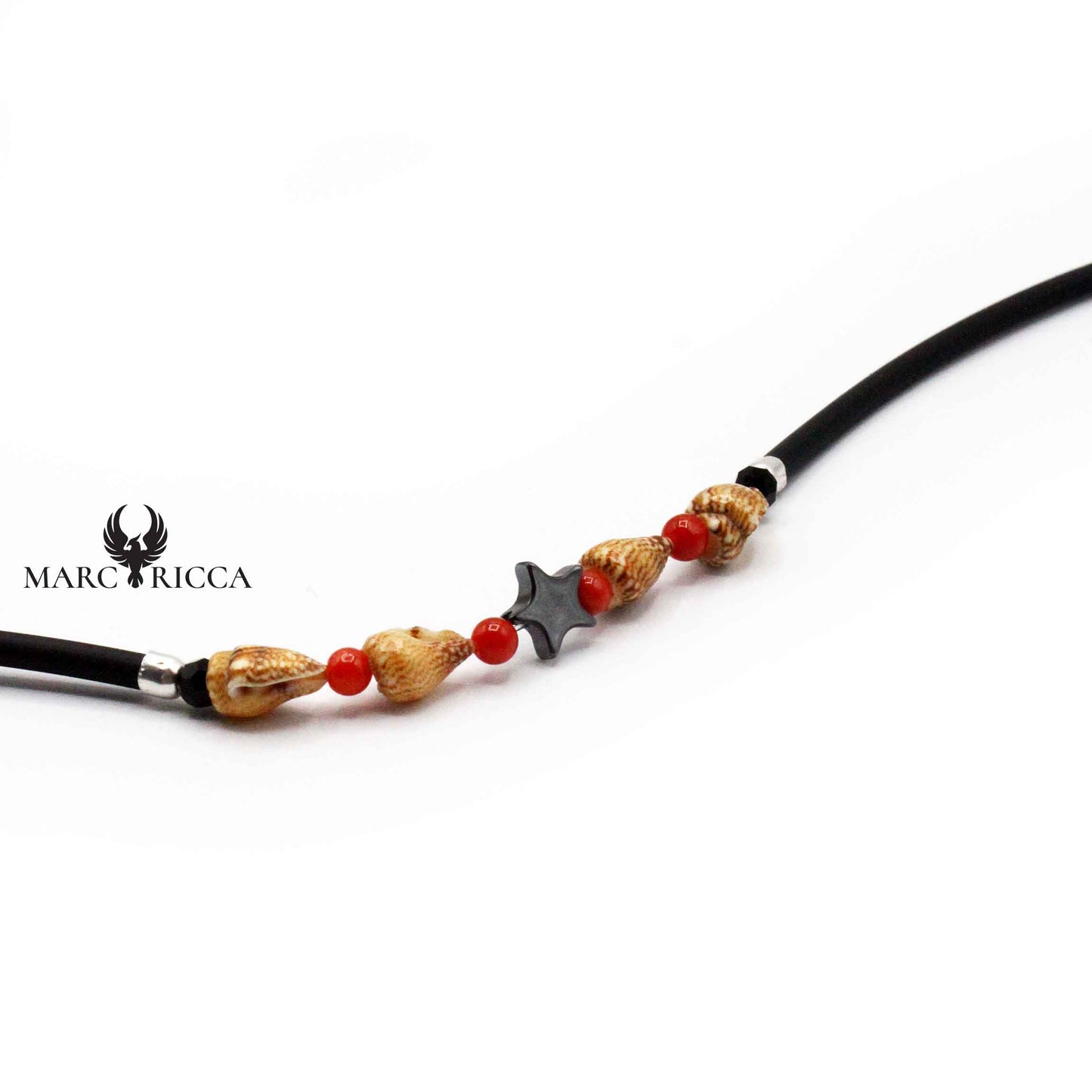 Bracelet Argent Caoutchouc Coquillages et Corail Rouge