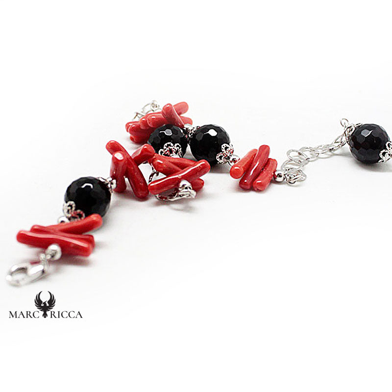 Bracelet Argent Corail Rouge et Onyx