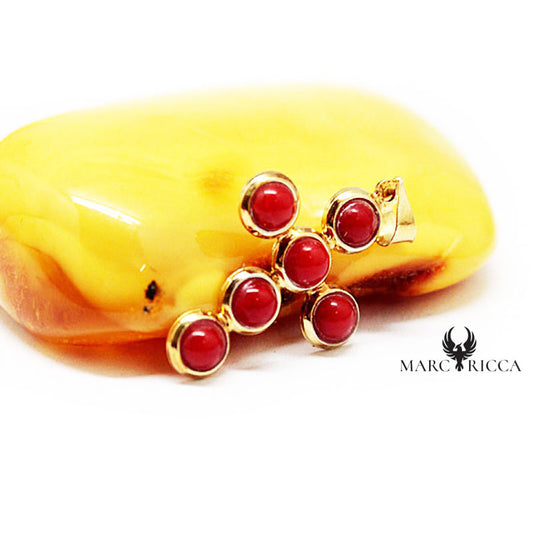 Pendentif Argent Croix Cabochons de Corail