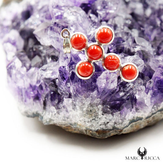 Pendentif Argent Croix Cabochons de Corail