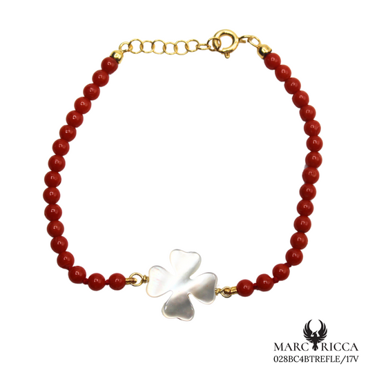 Bracelet Vermeil Corail Perle & Trèfle Nacre