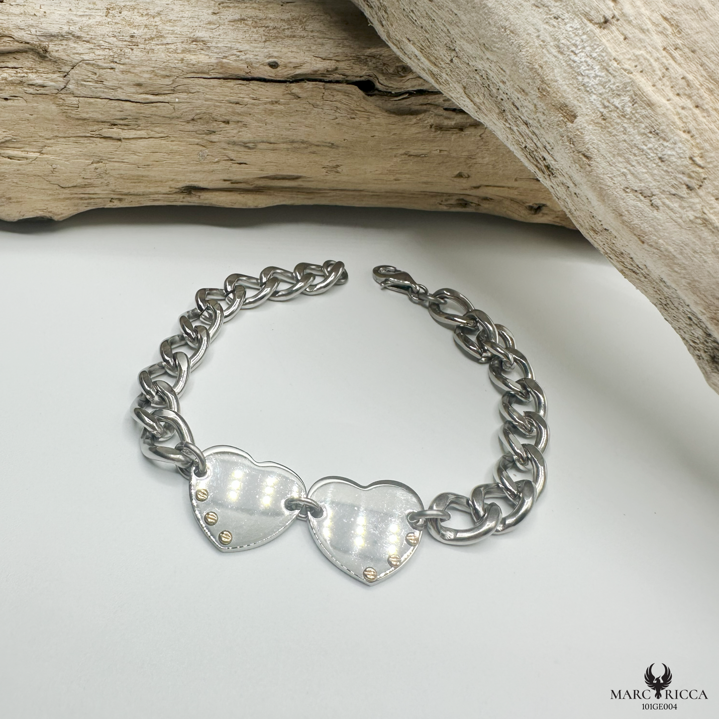 Bracelet Acier Or Maillons & Double Cœur