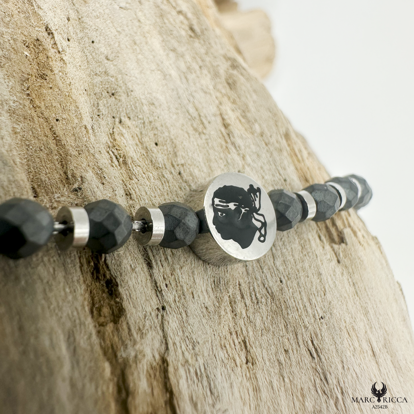 Bracelet Acier Cristal noir Corse & Tête de Maure