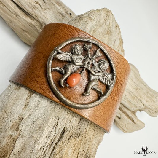 Bracelet Cuir Argent & Corail / Produit unique