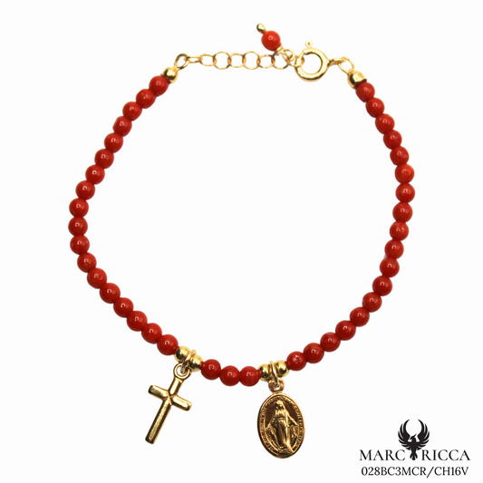 Bracelet Vermeil Corail Perle & Charms Croix & Madone