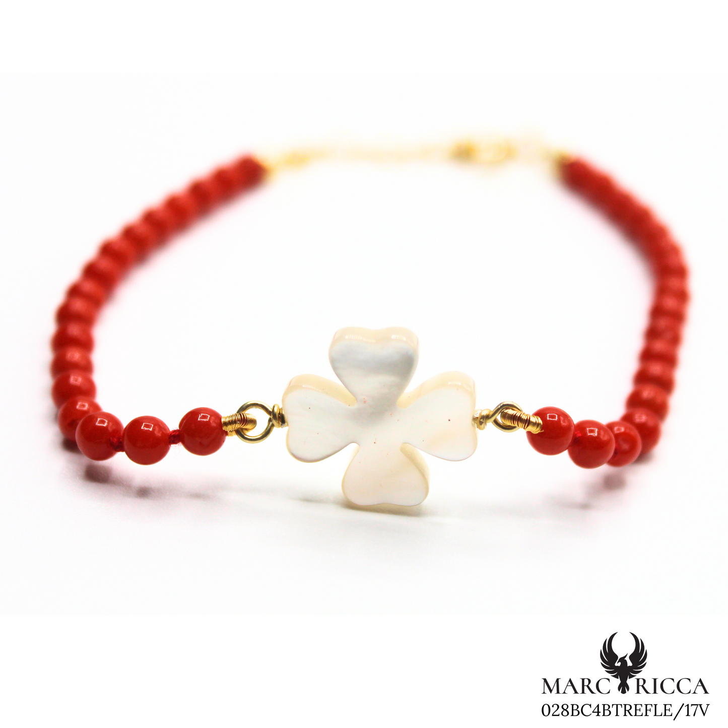Bracelet Vermeil Corail Perle & Trèfle Nacre