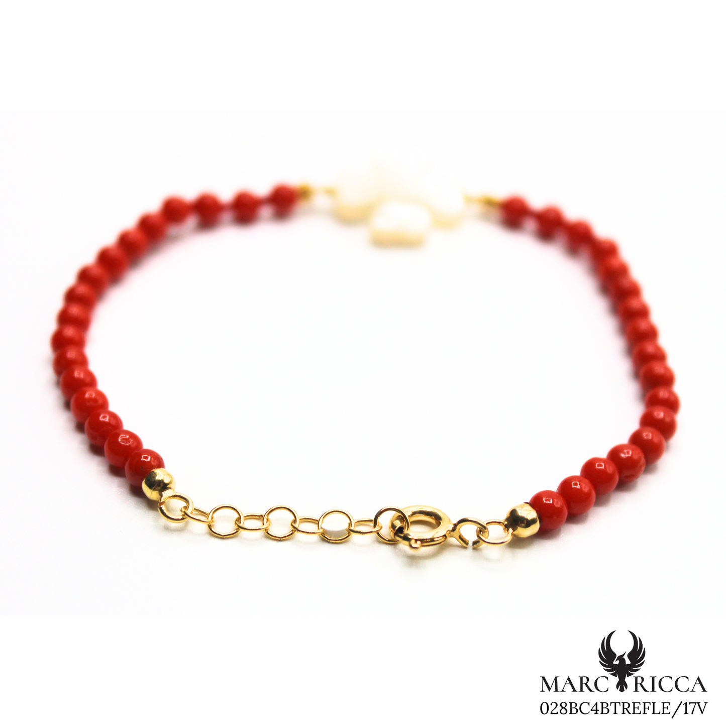 Bracelet Vermeil Corail Perle & Trèfle Nacre