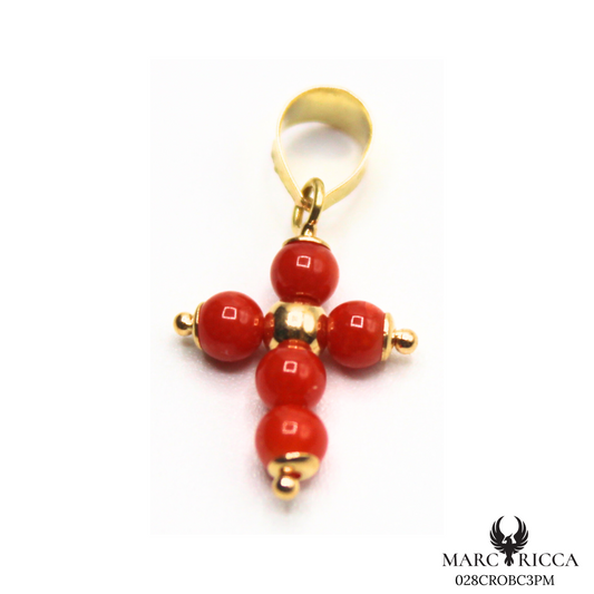 Pendentif Or Corail Perle Rouge Croix