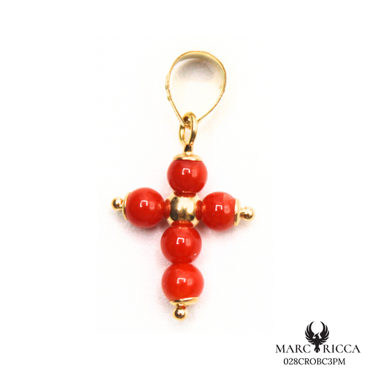 Pendentif Or Corail Perle Rouge Croix